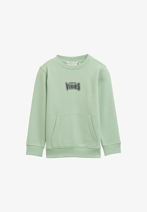 Mentazöld pulóver, 100% pamutból készült, kerek nyakú, hosszú ujjú, bordás mandzsettákkal, és elülső zsebbel, amelyen a "VIBES" felirat található.