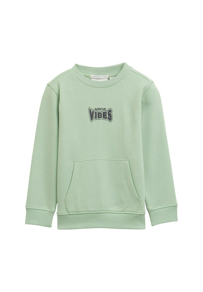 Sudadera verde menta de algodón, con cuello redondo, mangas largas, puños acanalados y un bolsillo frontal con el logotipo de texto "VIBES".