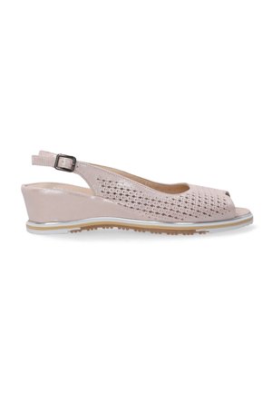 Růžová kožená slingback obuv na klínu s otevřenou špičkou, perforovaným svrchním designem a přezkou. Obsahuje strukturovanou gumovou podešev.