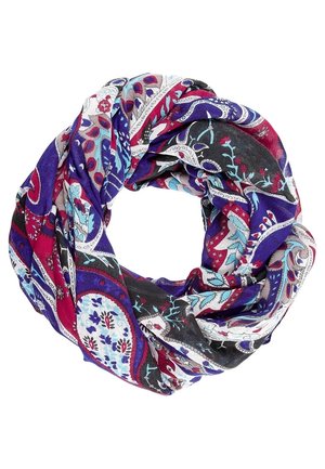 Foulard circulaire avec des motifs vibrants de paisley et floraux en couleurs violettes, rouges, bleues, noires et blanches.