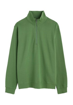 Sudadera verde con cremallera, hecha de un tejido suave. Presenta un cuello alto, puños acanalados y un dobladillo recto. Diseño simple y sólido sin patrones.