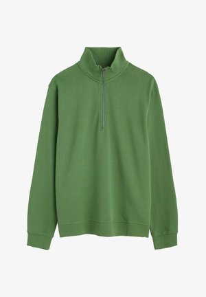Sudadera verde con cremallera, hecha de un tejido suave. Presenta un cuello alto, puños acanalados y un dobladillo recto. Diseño simple y sólido sin patrones.