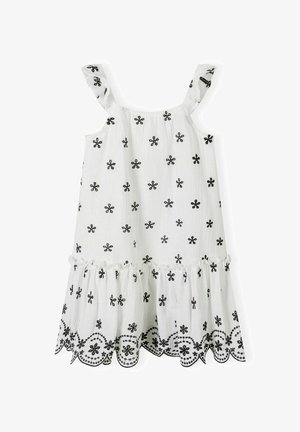 Biała sukienka bez rękawów z czarnym haftem florystycznym, falbanowymi ramiączkami oraz wielowarstwowym dołem, z falbaniastym wykończeniem i lekkim materiałem.