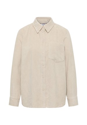 Beige kordflorskjorta med krage, långa ärmar, framknappning och en bröstficka. Har en vertikal ribbad textur.