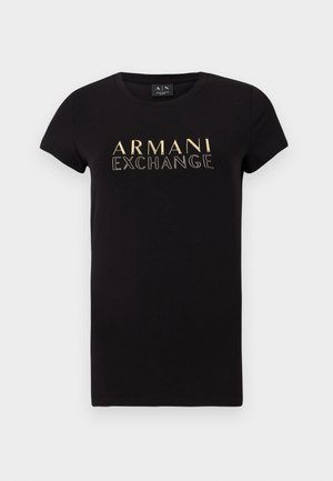 Czarny t-shirt z krótkim rękawem i okrągłym dekoltem, z złotym logo "ARMANI EXCHANGE" nadrukowanym na przodzie. Wykonany z bawełny.