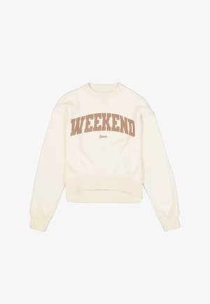 Sudadera color crema con cuello en V profundo, ajuste holgado y la palabra "WEEKEND" impresa en letras marrones gruesas en el pecho.