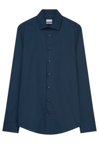 Ciemnoniebieska, długosleeve koszula z geometrycznym wzorem, zapinana na guziki z rozkloszowanym kołnierzykiem. Miękka tekstura z dopasowanym krojem.