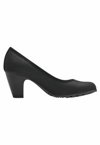Scarpa nera in pelle con tacco alto, punta arrotondata, interno imbottito e suola in gomma testurizzata. Presenta un tacco a cono basso e cuciture sottili.