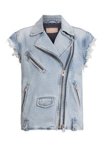 Jeansväst i ljusblått med sliten finish, korta ärmar, asymmetrisk dragkedjestängning och flera fickor med dragkedja.
