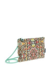 Borsa a tracolla a motivo floreale in tessuto texturizzato, con accenti multicolori, una tracolla verde menta e chiusura con zip.