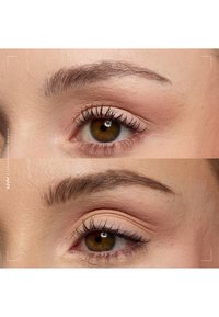 Close-up of one brown eye with natural makeup showing a before and after difference in eyelashes and eyebrow grooming.