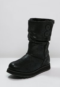 Czarne botki z futerkiem z tworzywa sztucznego, o błyszczącej, teksturowanej powierzchni, z dwiema czarnymi guzikami oraz elastyczną, żłobioną podeszwą zapewniającą przyczepność.