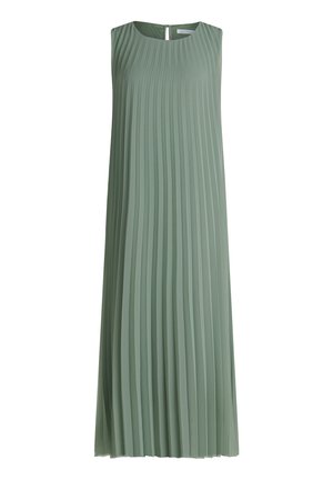 Ärmelloses, bodenlanges Kleid in Salbeigrün mit vertikalen Falten und rundem Ausschnitt.