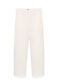 Pantaloni bianchi a gamba larga realizzati in morbido cotone. Presentano una chiusura frontale con bottone e tasche laterali. Design a gamba dritta, senza motivi.