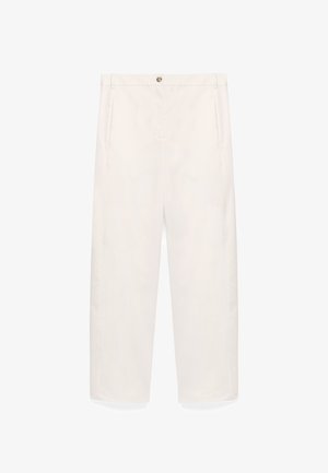White, wide-leg trousers made of smooth cotton fabric. Features a front button closure and side pockets. Straight leg design, no patterns.