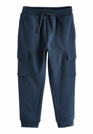 Marineblauwe joggingbroek van zacht materiaal. Voorzien van een elastische tailleband met trekkoord, twee zijzakken en geribde boorden bij de enkels.
