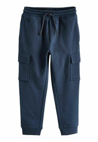 Donkerblauwe sweatpants met een elastische tailleband en trekkoord, voorzien van twee zijzakken en geribbelde manchetten bij de enkels. Gemaakt van een katoenmix.