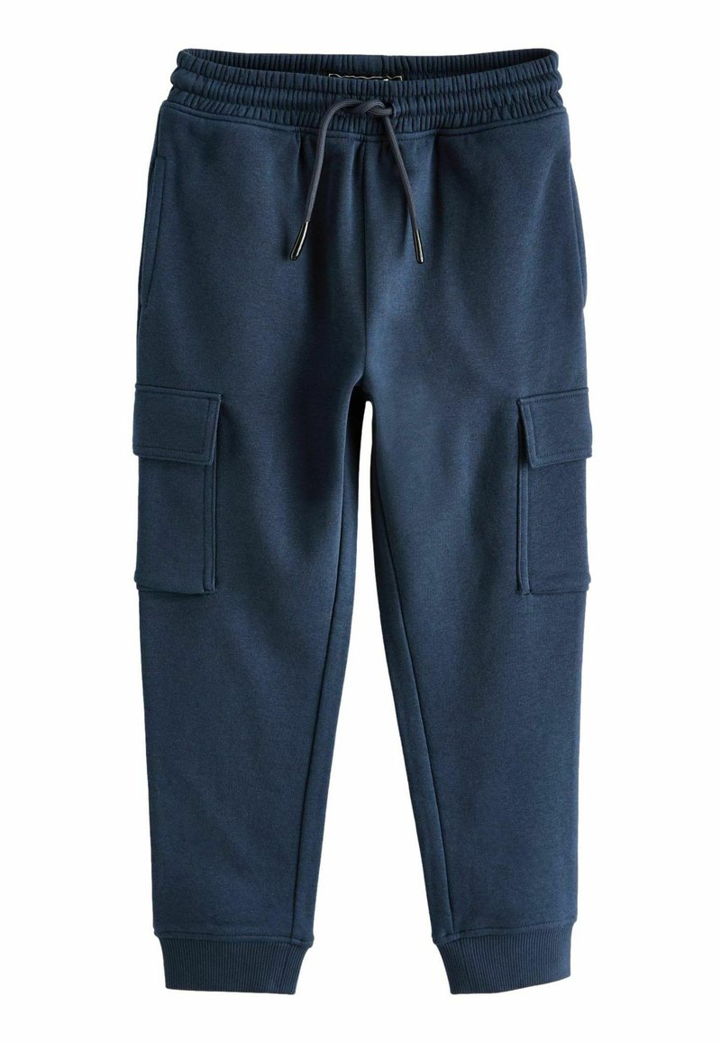 Donkerblauwe sweatpants met een elastische tailleband en trekkoord, voorzien van twee zijzakken en geribbelde manchetten bij de enkels. Gemaakt van een katoenmix.