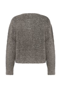 Grå, kortad tröja i mjukt, texturerat tyg med långa ärmar och rundad halsringning, med en enkel, sömlös design.