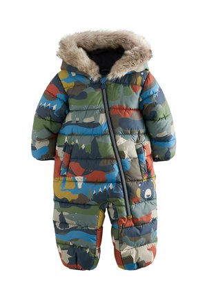 Padded snowsuit in multicolor forest pattern with illustrations of animals. Features a faux fur-trimmed hood and front zip closure.