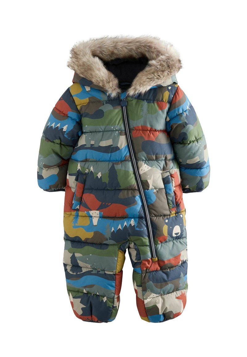 Colorful padded baby snowsuit with forest animal patterns, diagonal zipper, and faux fur-trimmed hood.