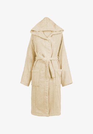 Beige hooded bathrobe made of soft terry fabric, featuring a belted waist, two front pockets, and textured vertical stripes.