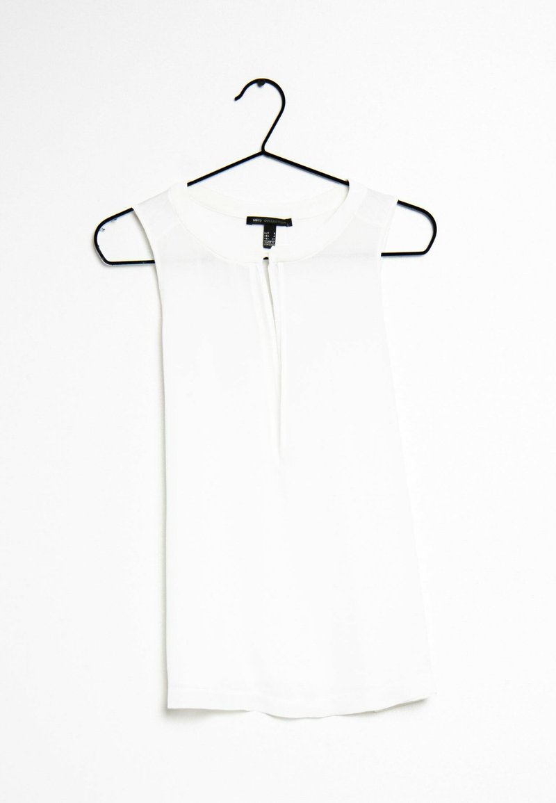 White sleeveless top with a subtle sheen, featuring a partial zip closure and a rounded neckline, hanging on a black hook against a white background.