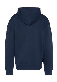 Felpa con cappuccio blu navy, realizzata in materiale morbido, con ampio cappuccio, polsini a coste e orlo dritto con dettagli minimi.