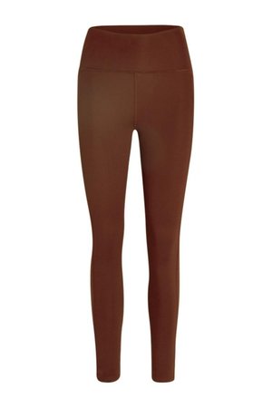 Leggings marrones hechos de material elástico, con una cinturilla alta y un diseño ajustado y suave. Sin patrones ni logotipos visibles.