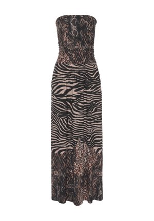 Sukienka bez ramiączek, sięgająca do podłogi, w miksie wzorów zwierzęcych, z paskami zebry i plamkami lamparta w odcieniach beżu i ciemnych tonach. Gładka tekstura tkaniny.