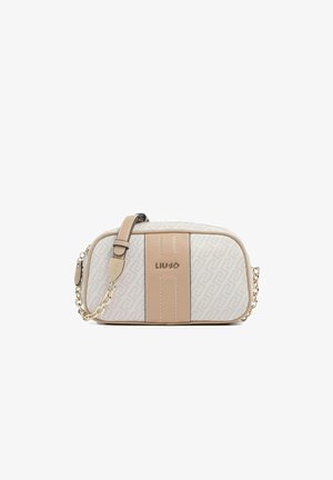 Borsa a spalla di design beige e crema con corpo decorato a motivo, striscia centrale in pelle, tracolla a catena color oro e logo con marchio "LIU JO" sul davanti.