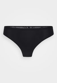 Schwarze Bikini-Hose mit einem glatten, eleganten Design und einem durchsichtigen Netzdetail am oberen Rand. Keine sichtbaren Beschläge oder Muster.