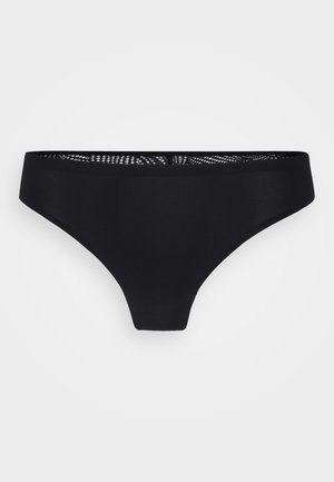 �Črne bikini hlačke z gladkim in elegantnim dizajnom ter prosojno mrežasto podrobnostjo na zgornjem robu. Brez vidnih dodatkov ali vzorcev.