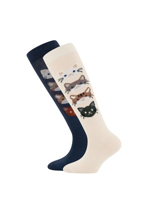 Two knee-high socks, one beige and one navy, each featuring a vertical row of four colorful cat faces.