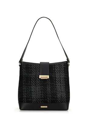 Black textured handbag with a smooth leather strap, featuring a gold clasp detail. Structured shape with a contrasting bottom panel.