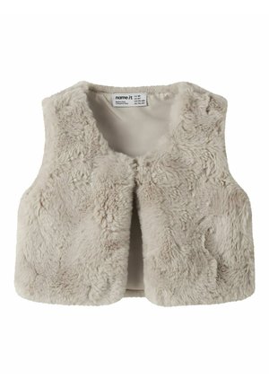 Gilet sans manches en fausse fourrure beige clair pour tout-petits avec une texture douce et une petite fermeture à l'avant.