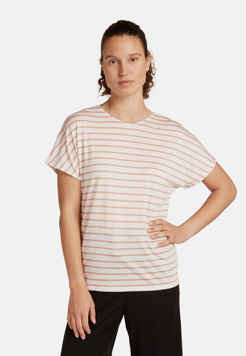 Randig kortärmad t-shirt i ljusrosa och vitt, med rund hals och avslappnad passform av mjukt, lätt material.