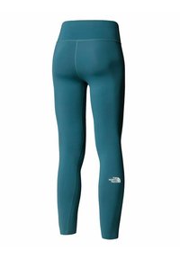 Leggings teal a vita alta con cuciture visibili, con il logo The North Face sulla parte bassa della gamba destra, mostrati da dietro.