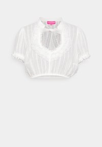 Blouse courte blanche avec manches courtes bouffantes, bordure en dentelle autour du col et des manches, et une ouverture à l'avant en forme de trou de serrure nouée avec un ruban en dentelle.