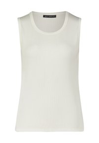 Top sans manches blanc en tissu côtelé, avec un col rond et un ourlet droit. Étiquette indiquant "BETTY BARCLAY."