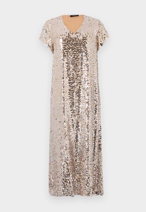 Sequined dress in gold with a V-neckline and short sleeves. Features a relaxed fit and all-over shimmering sequins in varying sizes.