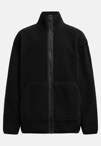 Black fleece jacket with high collar, full front zipper, and two side pockets. Textured fabric with a smooth zipper and cuffs.