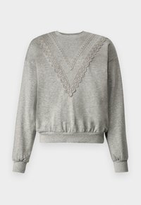 Sweatshirt gris avec un décolleté en V orné de dentelle le long du col. Poignets et ourlet côtelés, fabriqué en tissu doux et texturé.