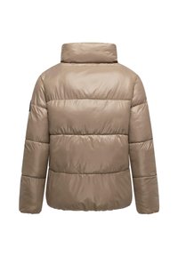 Brown, puffer jacket with a high collar and horizontal quilting. Features elastic cuffs and a smooth, shiny texture. No visible branding.