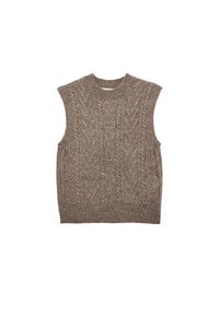 Ärmelloser gestrickter Pullover in Hellbraun mit strukturiertem Zopfmuster, geripptem Ausschnitt und unterem Saum.