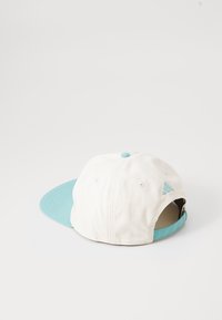Caps med en kremfarget bomullskropp og en teal-skygge. Har en justerbar stropp og en liten, hevet logo bak i teal.