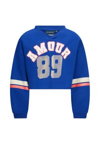 Maglione blu corto con stampa bianca e rosa "AMOUR 89". Presenta maniche lunghe e dettagli a righe sulle maniche. Tessuto morbido.
