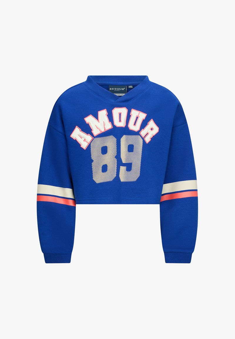 Maglione blu corto con stampa bianca e rosa "AMOUR 89". Presenta maniche lunghe e dettagli a righe sulle maniche. Tessuto morbido.