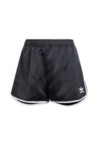 Svarta Adidas sportshorts med vit trim och logotyp, elastisk midja och sidofickor, för sport eller casual användning.