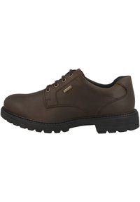 Scarpa in pelle marrone con punta arrotondata, design con lacci, superficie testurizzata e suola in gomma nera robusta con texture antiscivolo.